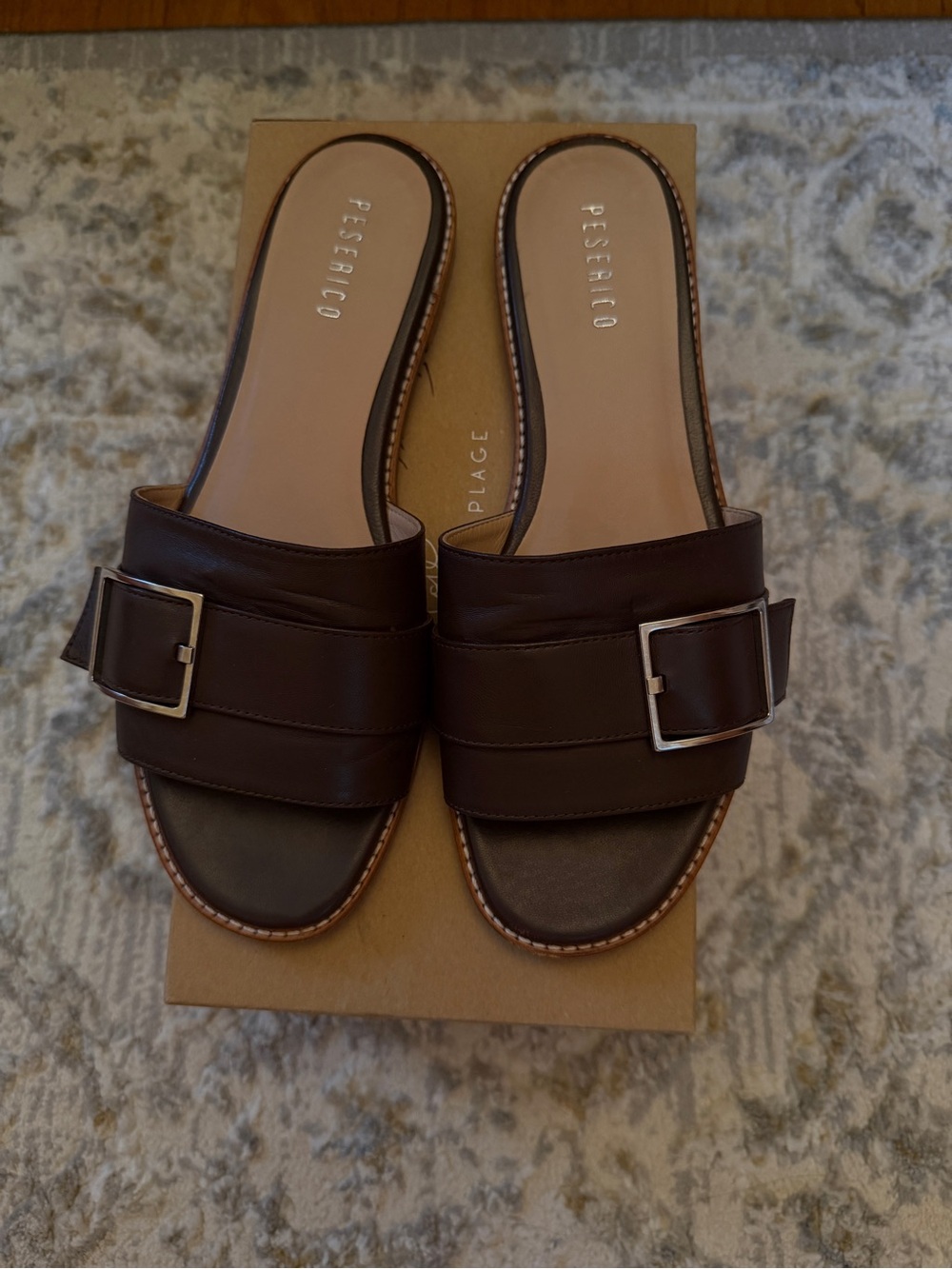 Peserico Dark Brown Leather Slide Sandals with Buckle Accent